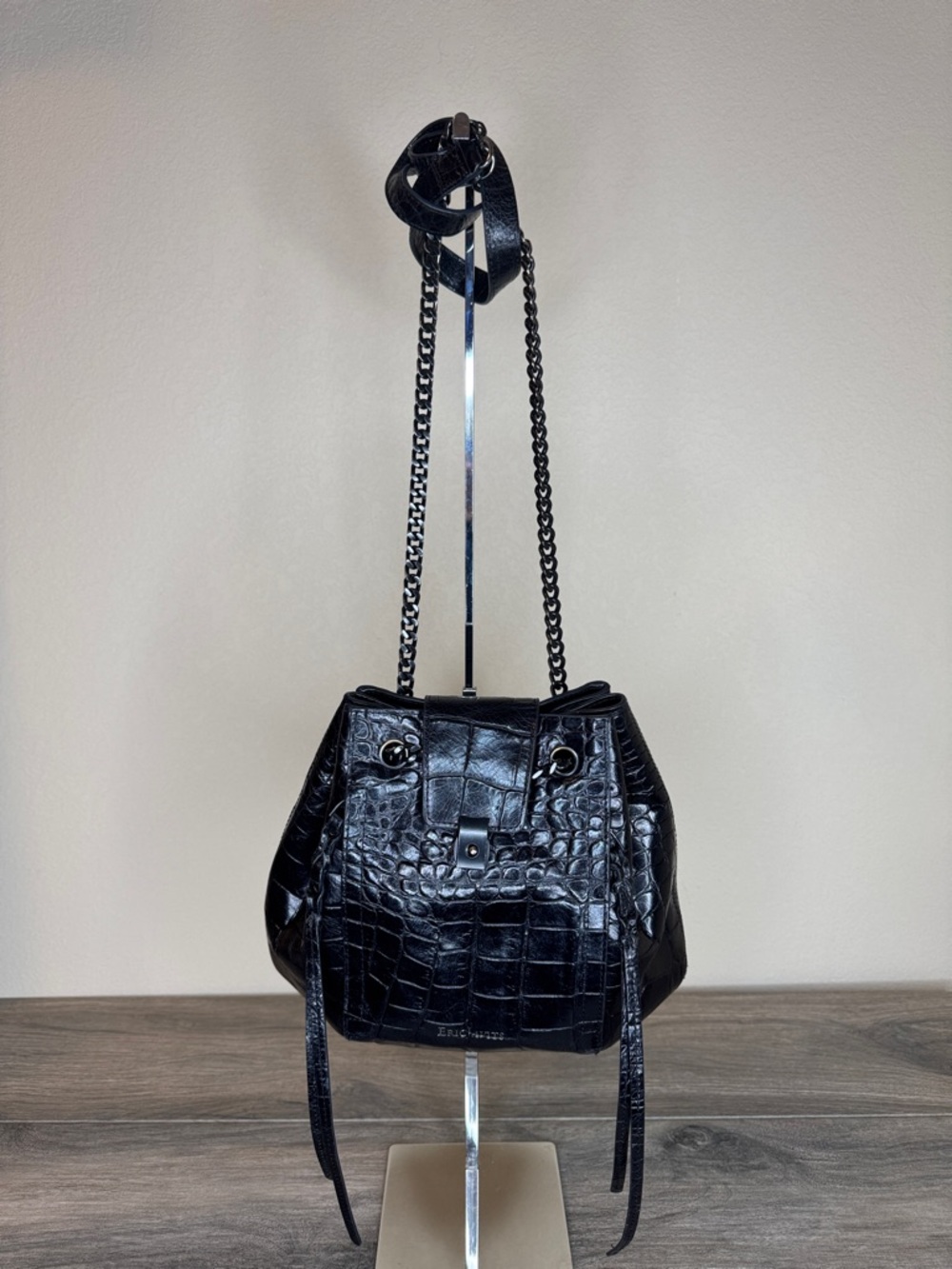 Eric Javits Lil Leigh Croc-Embossed Black Leather Pull Chain Bucket Crossbody